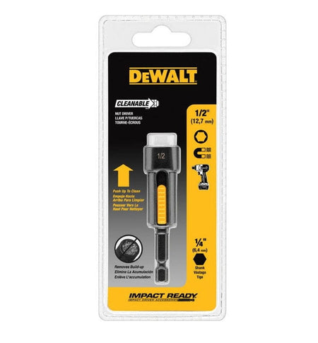 Packaged DEWALT 1/2 inch detachable magnetic nut driver with cleanable shank and impact-ready hex design.