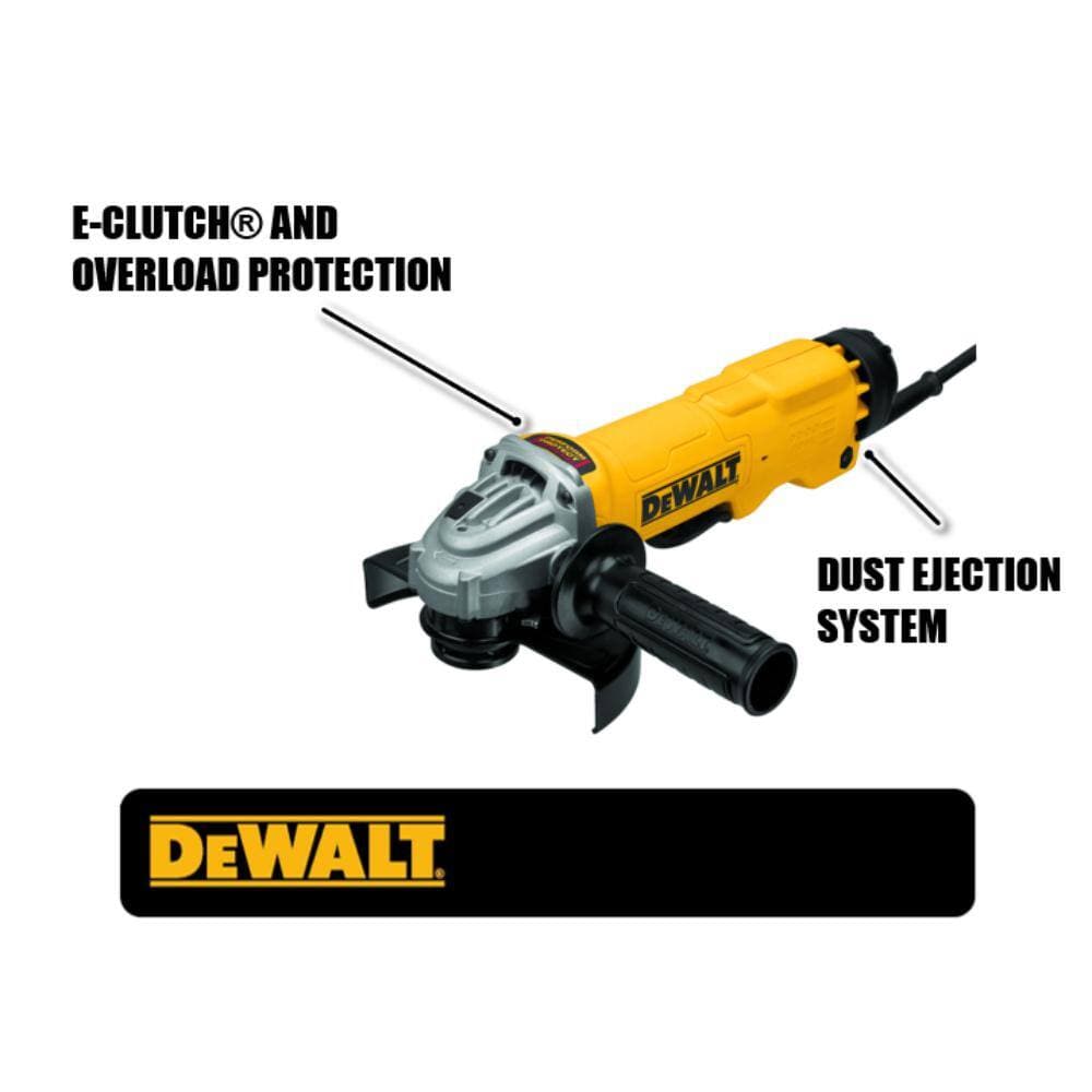 Product feature infographic diagram of the DEWALT corded angle grinder indicating the location of the E-CLUTCH and overload protection at the wheel head and the dust ejection system near the rear intake vents