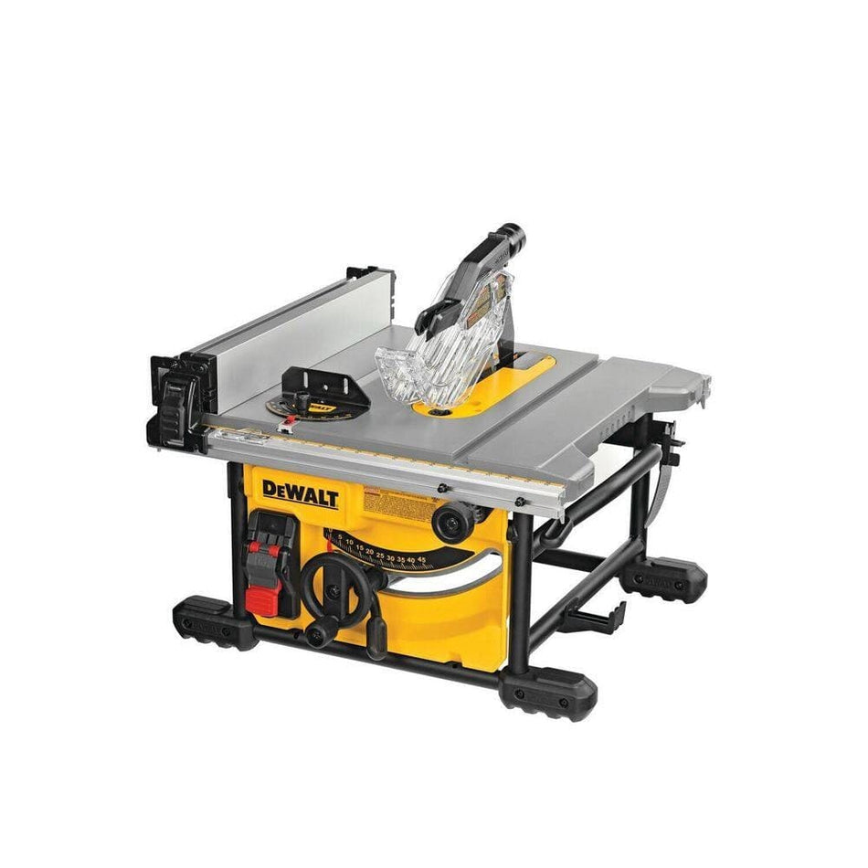 DEWALT DWE7485 table saw with transparent blade guard, rip fence, and adjustment knobs; mounted on a flat tabletop with visible measurement markings and safety controls.