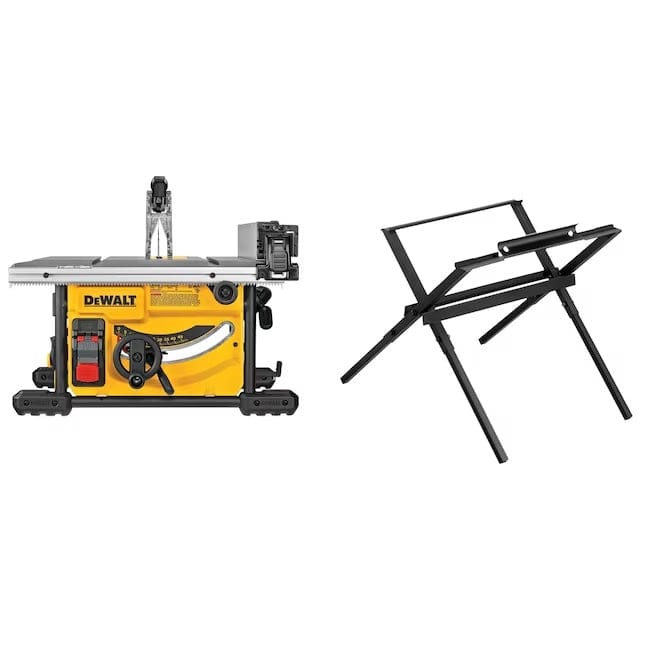DEWALT compact table saw shown next to black folding stand; saw features yellow body, silver top, and blade guard; stand designed for portable support and storage.
