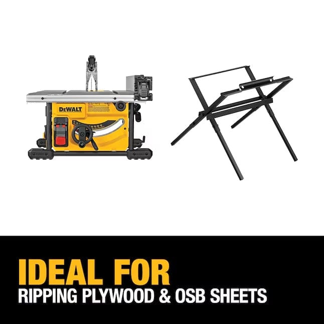 DEWALT table saw and metal stand side by side with caption "Ideal for Ripping Plywood & OSB Sheets"; saw includes blade guard and rip fence for large panel cutting.