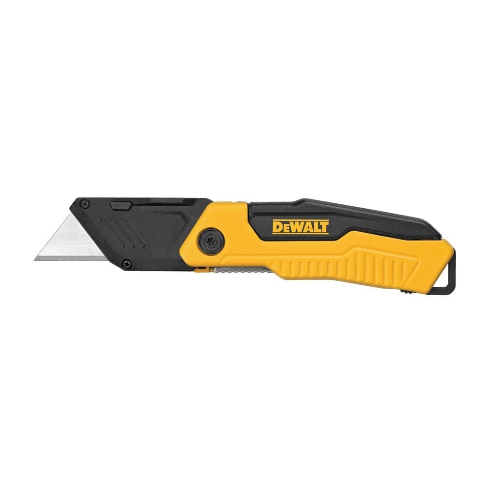 DeWalt DWHT10916 folding utility knife with black and yellow handle and partially extended blade; built for cutting tasks with ergonomic grip and lockback safety mechanism.
