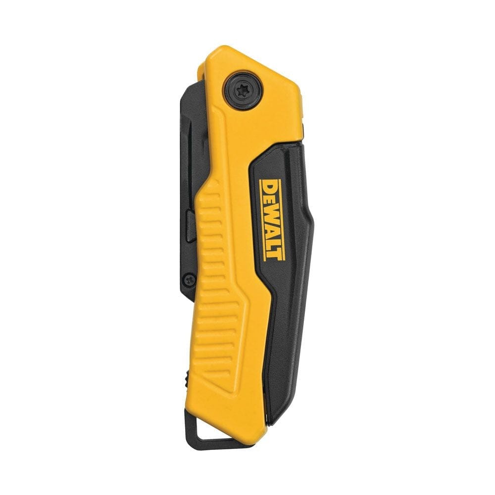 Folded DeWalt DWHT10916 utility knife with compact yellow and black body; textured grip and visible branding designed for safe storage and jobsite portability.