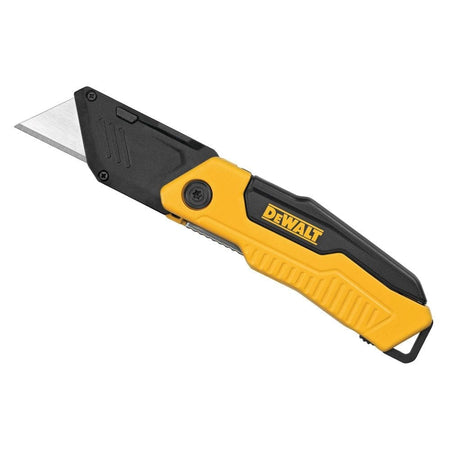 DeWalt DWHT10916 folding utility knife with partially extended blade and yellow-black ergonomic handle; features textured grip and push-button release for quick blade changes.