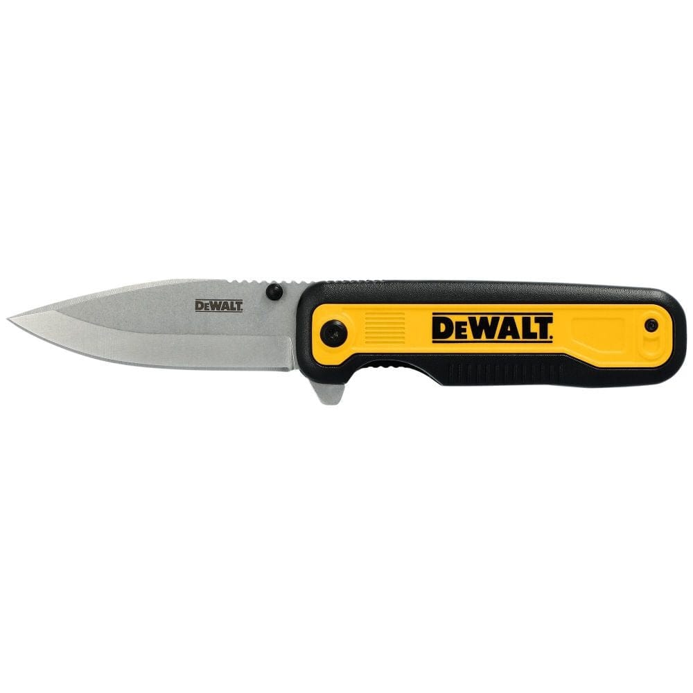 Partially opened DEWALT DWHT10993 folding knife with stainless steel blade and black and yellow ergonomic handle; branding visible on blade and grip.