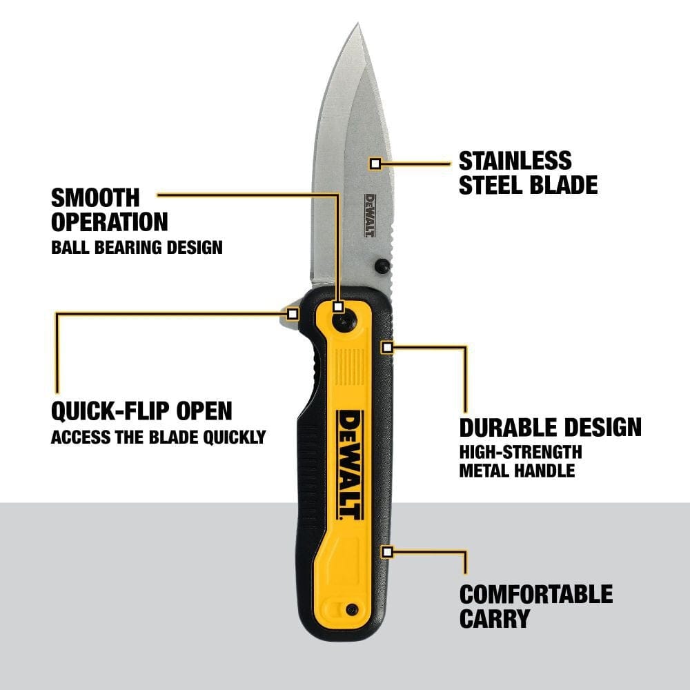 Labeled diagram of DEWALT DWHT10993 folding knife highlighting features including stainless steel blade, ball bearing pivot, durable handle, and ergonomic design.