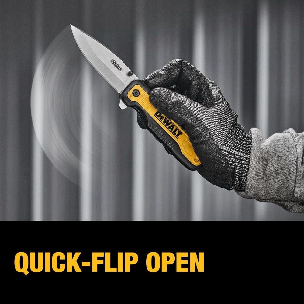 Gloved hand flipping open DEWALT DWHT10993 folding knife with motion blur; yellow and black handle and blade partially extended; bold text emphasizes quick-flip feature