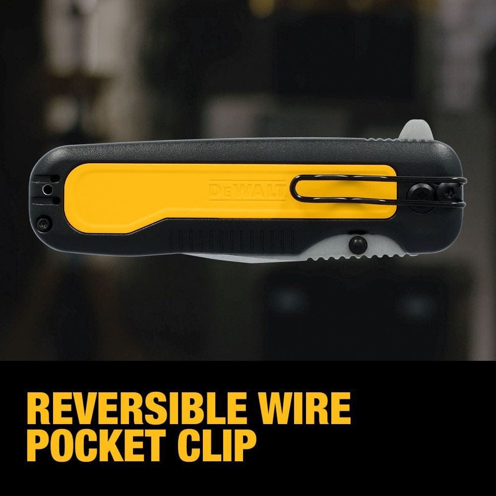 Close-up of DEWALT DWHT10993 folding knife showing reversible wire pocket clip on black and yellow handle with textured grip and thumb stud.