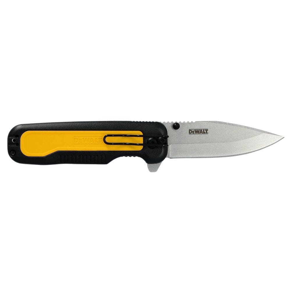 DEWALT DWHT10993 folding pocket knife with partially serrated stainless steel blade and ergonomic black and yellow handle; includes pocket clip.