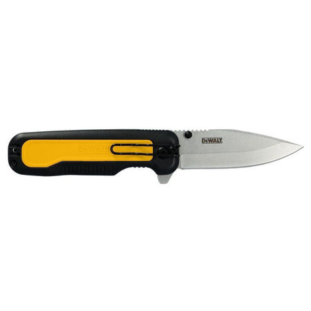 DEWALT DWHT10993 folding pocket knife with partially serrated stainless steel blade and ergonomic black and yellow handle; includes pocket clip.