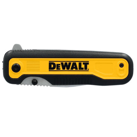 Closed DEWALT DWHT10993 folding knife with black and yellow handle featuring textured grip and visible branding; blade retracted.