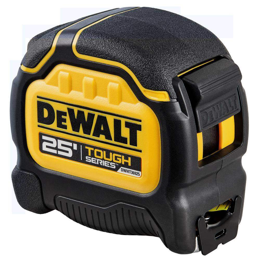 Side view of DEWALT DWHT39225 ToughSeries tape measure with belt clip, thumb lock, and 25-foot label on rugged casing.