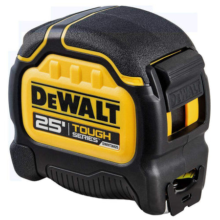 Side view of DEWALT DWHT39225 ToughSeries tape measure with belt clip, thumb lock, and 25-foot label on rugged casing.