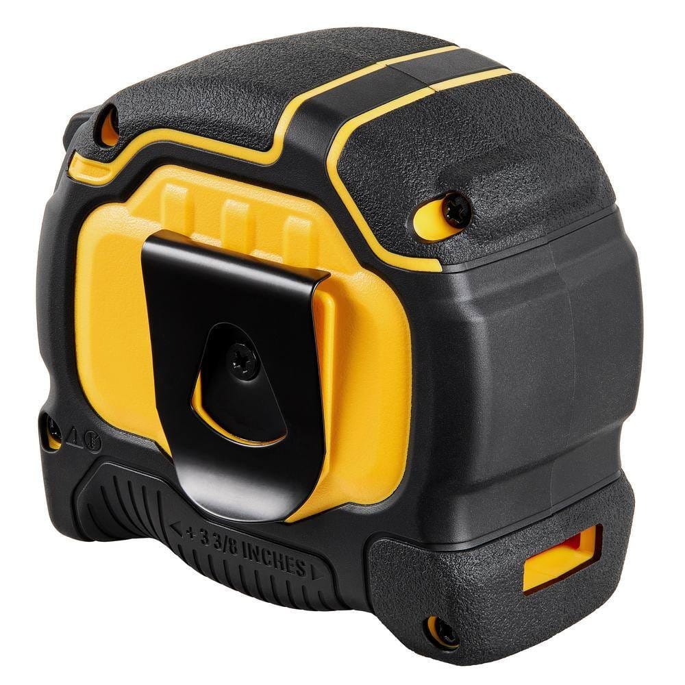 Close-up of black and yellow DEWALT tape measure tool with metal mounting bracket and 4-3/8 inch measurement marking.