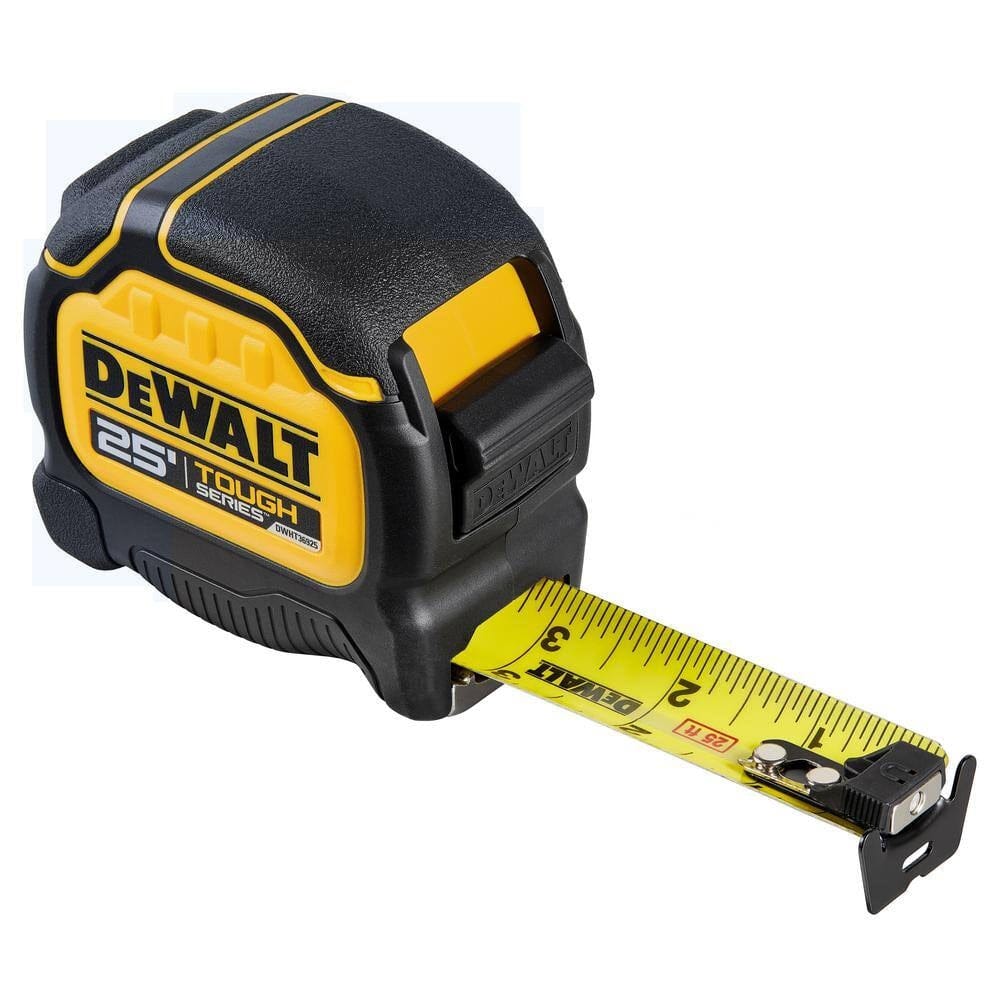 Extended DEWALT DWHT36925S ToughSeries tape measure with yellow blade, inch markings, and metal hook for anchoring.
