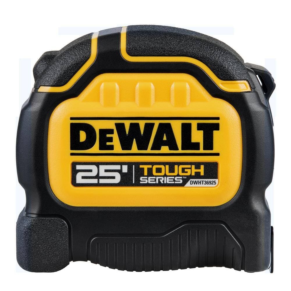 Front view of DEWALT DWHT36925 ToughSeries tape measure showing 25-foot length and rugged black and yellow casing.