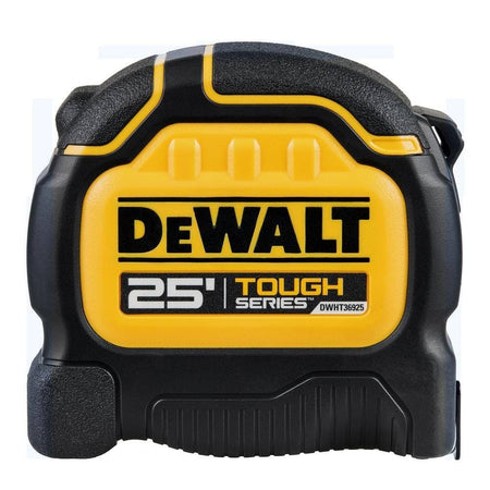 Front view of DEWALT DWHT36925 ToughSeries tape measure showing 25-foot length and rugged black and yellow casing.