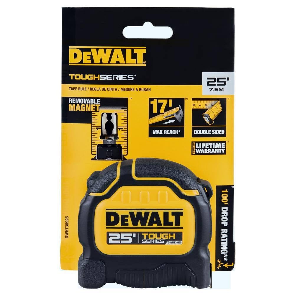 Packaged DEWALT ToughSeries 25-foot tape measure with highlighted features including magnetic hook, 17-foot reach, and 100-foot drop rating.