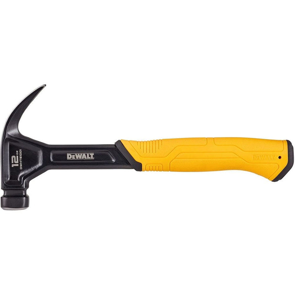 DEWALT 12 oz curved claw nailing hammer featuring a black head and yellow-black textured handle; labeled with weight and branding, built for balanced swing and precision striking.