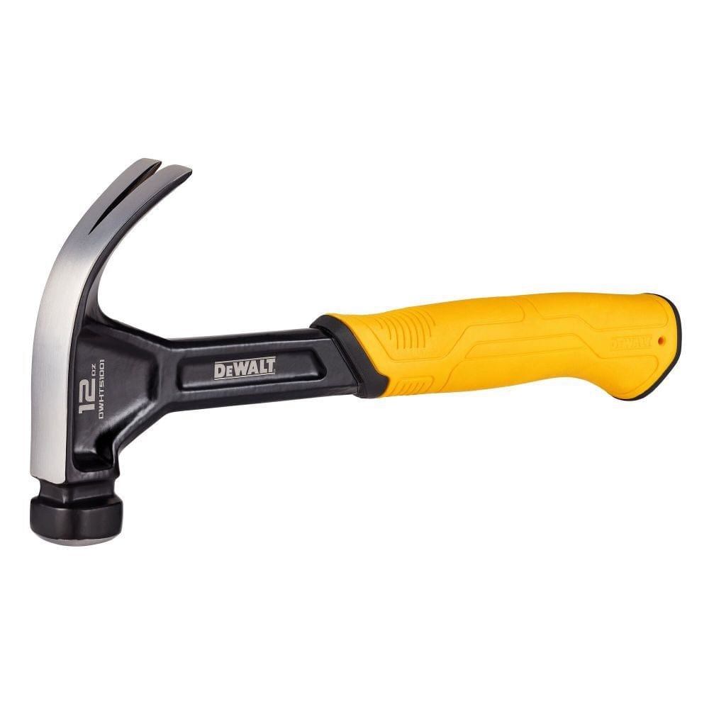DEWALT 12 oz curved claw hammer with yellow and black ergonomic handle and black metal head; designed for driving and removing nails in construction and carpentry tasks.
