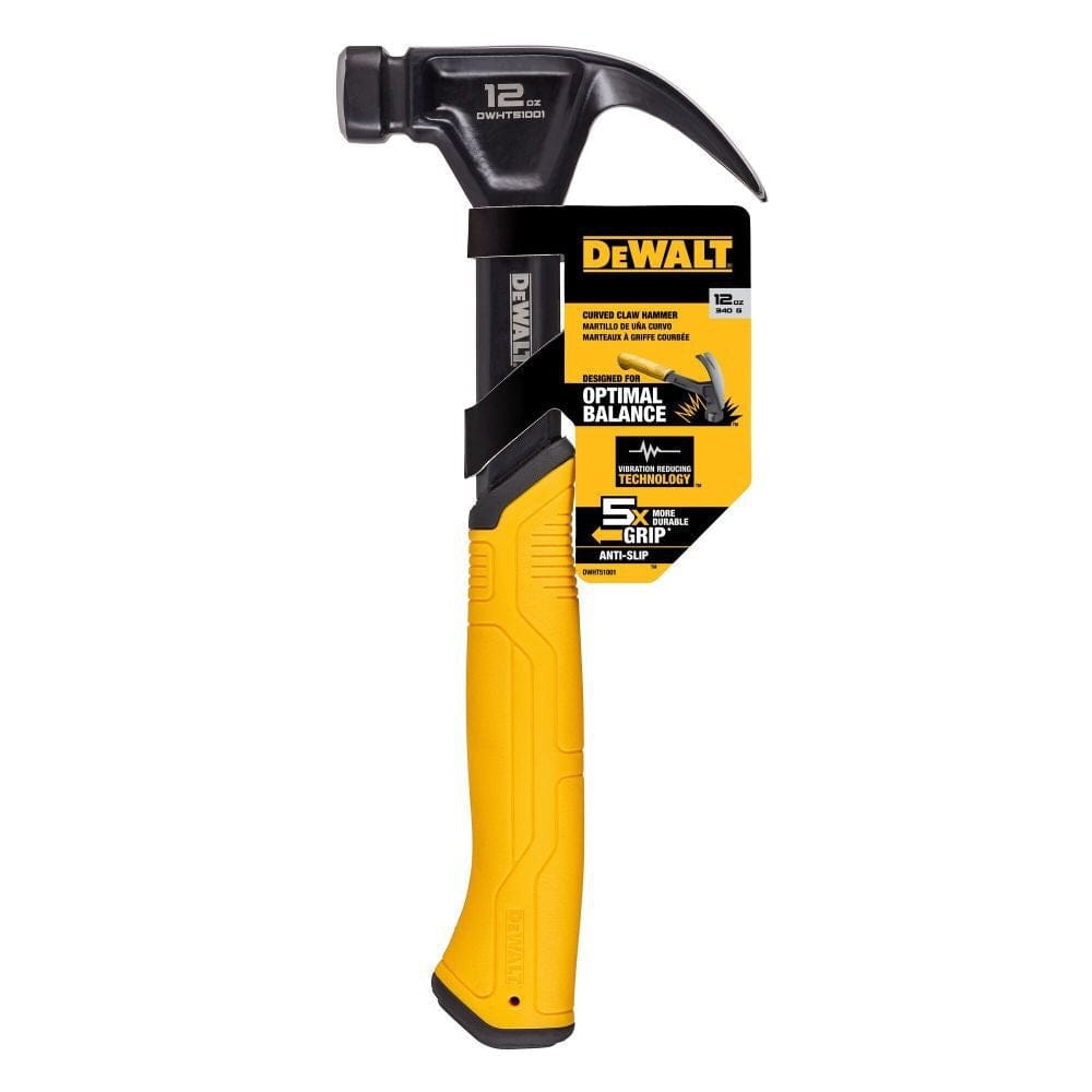DEWALT 12 oz curved claw nailing hammer with yellow fiberglass handle and black head; packaging highlights vibration control, anti-slip grip, and optimal balance for ergonomic use.