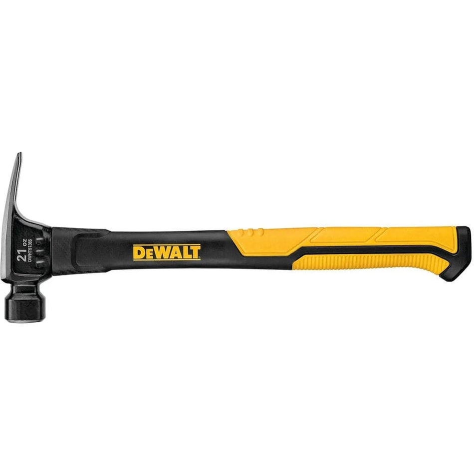 DEWALT 22 oz claw hammer with curved claw and black and yellow grip, designed for construction and carpentry tasks.