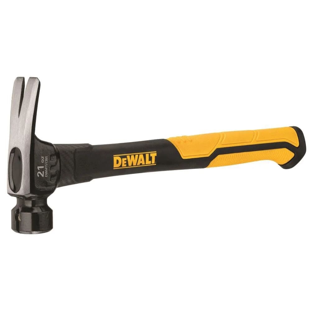DEWALT 21 oz claw hammer with smooth metal head and black and yellow ergonomic handle for nail driving and removal.