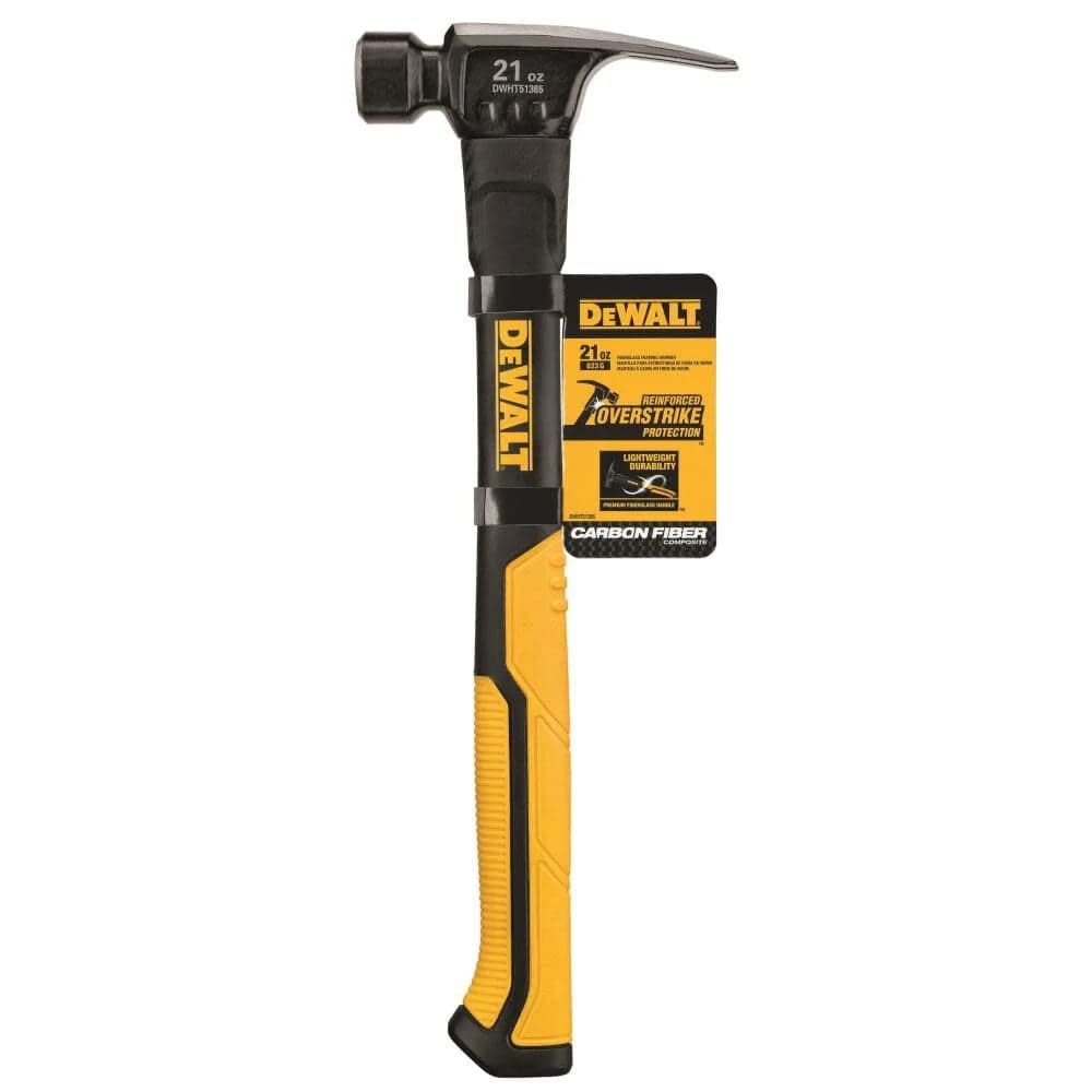 Packaged DEWALT 21 oz framing hammer with carbon fiber composite handle and labeled durability and overstrike protection features.