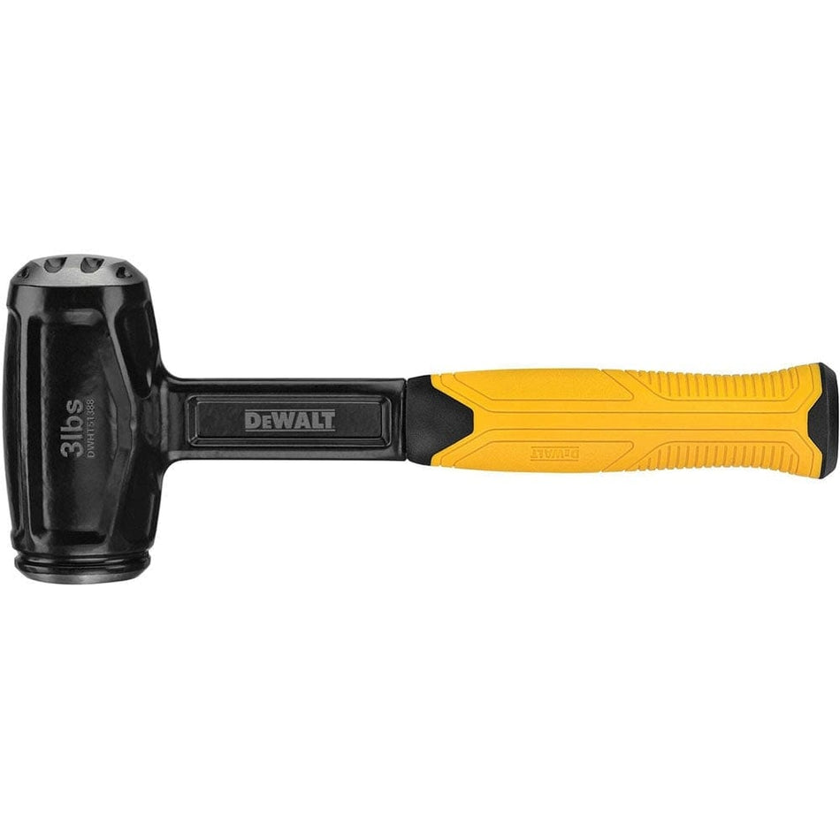 DEWALT 3 lb dead blow hammer with black head and handle, yellow ergonomic grip, and visible weight marking; built for precision striking with reduced surface damage and rebound.