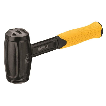 DEWALT 3 lb dead blow hammer with cylindrical black head featuring vent-like holes and a yellow textured grip; designed for controlled striking with minimal rebound in construction or automotive applications.