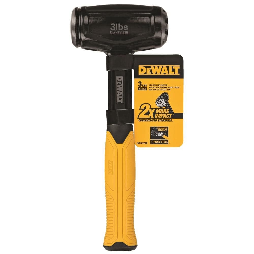 DEWALT 3 lb steel drilling hammer with black head and yellow-black ergonomic handle; product label highlights one-piece steel construction, concentrated strike face, and model number DWHT51388.