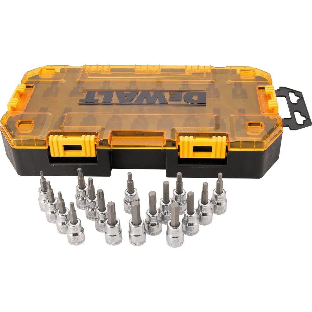 DEWALT tool set with 15 screwdriver bits arranged in front of a yellow-lidded case with black base and orange latches.