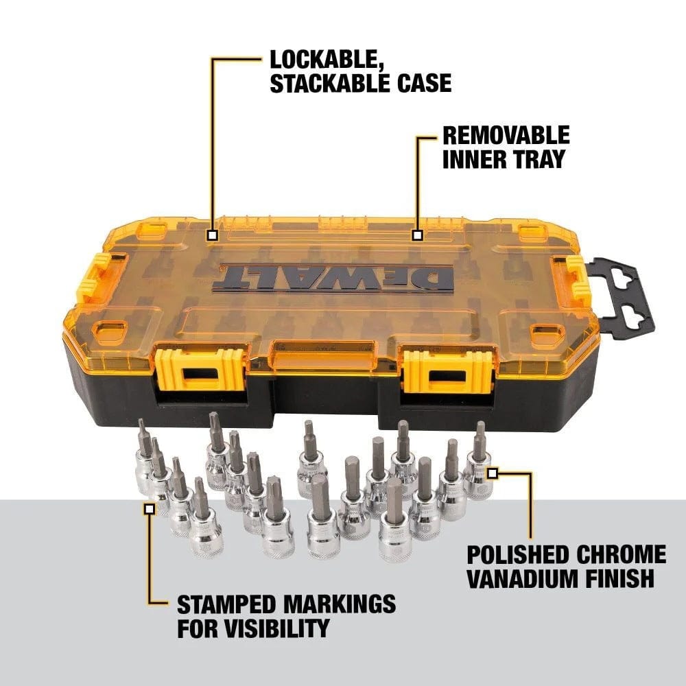 DEWALT screwdriver bit set in transparent yellow lockable case with removable tray and stamped chrome vanadium bits.