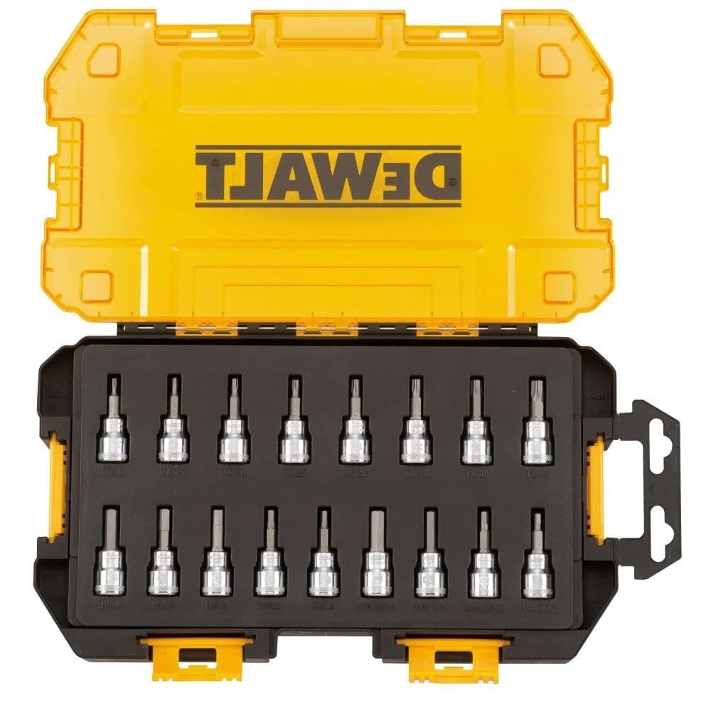 Open DEWALT yellow and black plastic case displaying 17 hex bit sockets organized in a molded black tray.