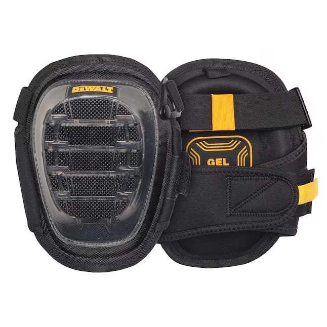 DEWALT DWST590012 gel knee pads with transparent textured shell, gel cushioning, and hook-and-loop adjustable straps for secure fit and comfort
