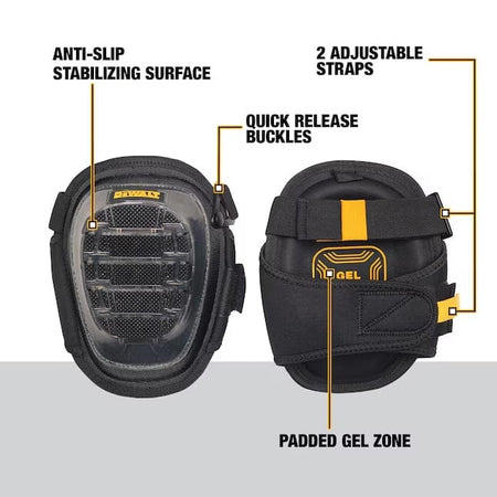 Labeled DEWALT DWST590012 knee pads highlighting anti-slip surface, dual adjustable straps, quick-release buckles, and padded gel zone.