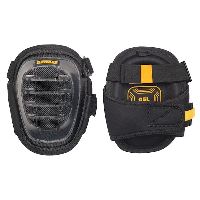 Front and back views of DEWALT DWST590012 gel knee pads showing textured shell, adjustable straps, and gel cushioning for jobsite protection