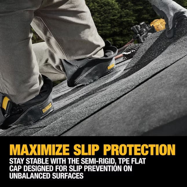 Person kneeling on a shingled rooftop wearing DEWALT DWST590012 knee pads; image emphasizes slip-resistant TPE cap stability on uneven surfaces.