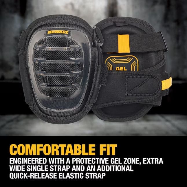 Pair of DEWALT DWST590012 gel knee pads with hard outer shell, wide strap, quick-release elastic strap, and padded interior for comfort.