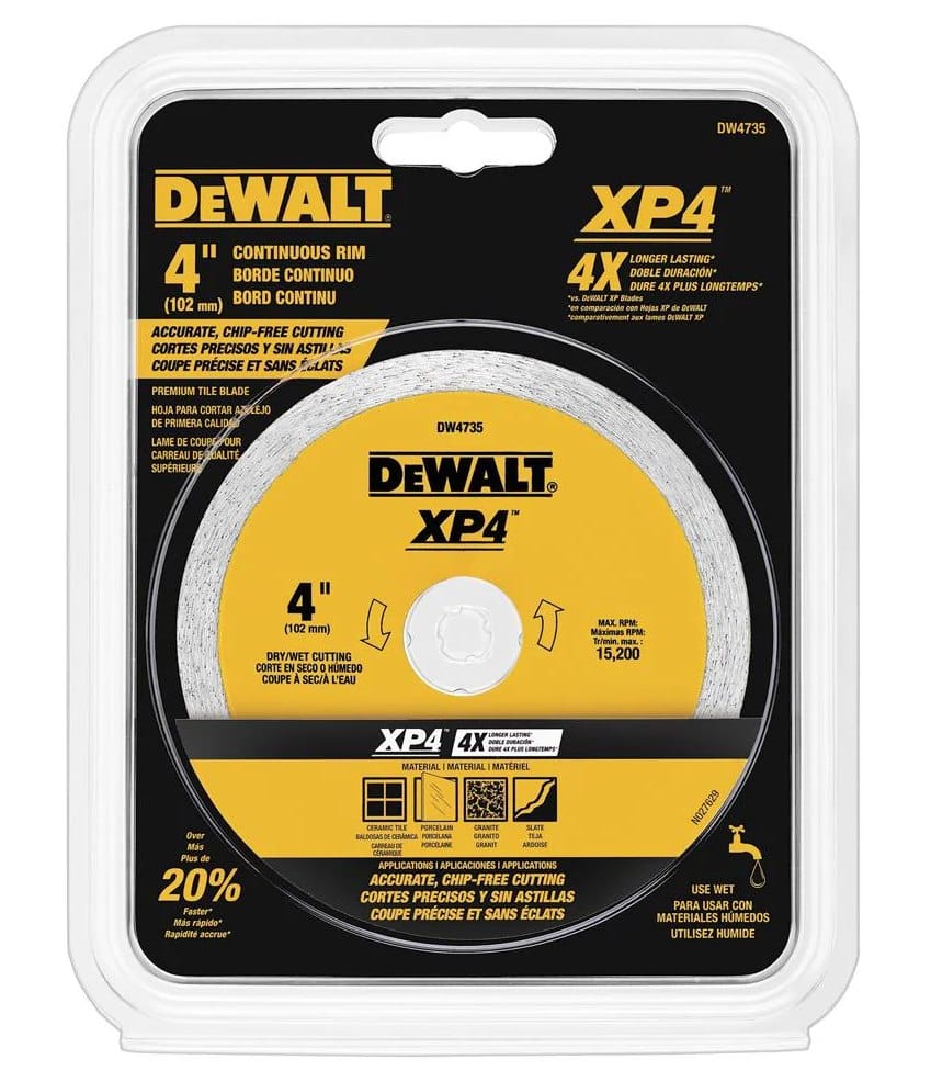Packaged DeWALT DW4735 XP4 4-inch continuous rim diamond blade labeled for chip-free cutting in ceramic and tile.