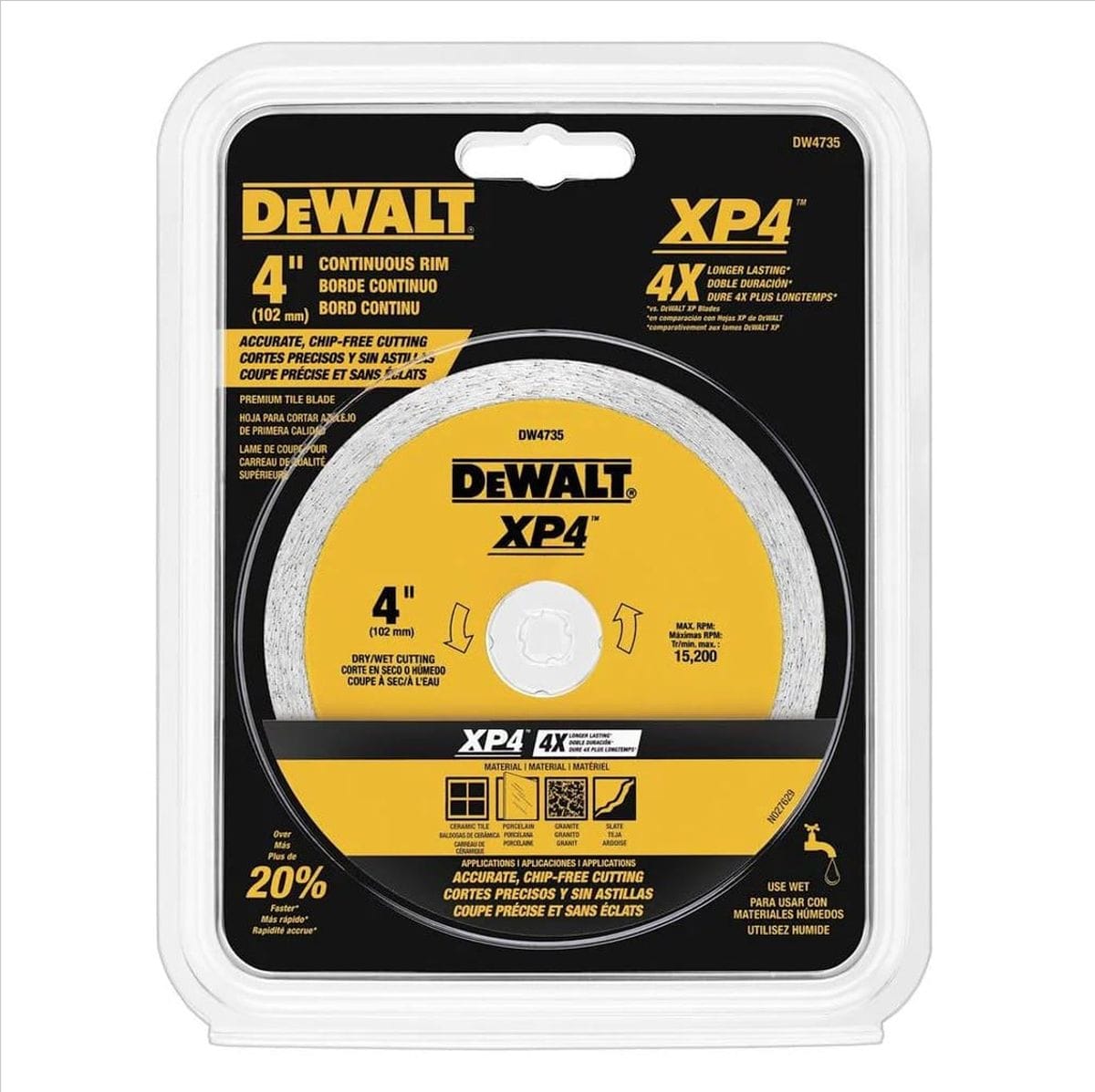 Packaged DeWALT DW4735 XP4 4-inch continuous rim diamond blade labeled for chip-free cutting in ceramic and tile.