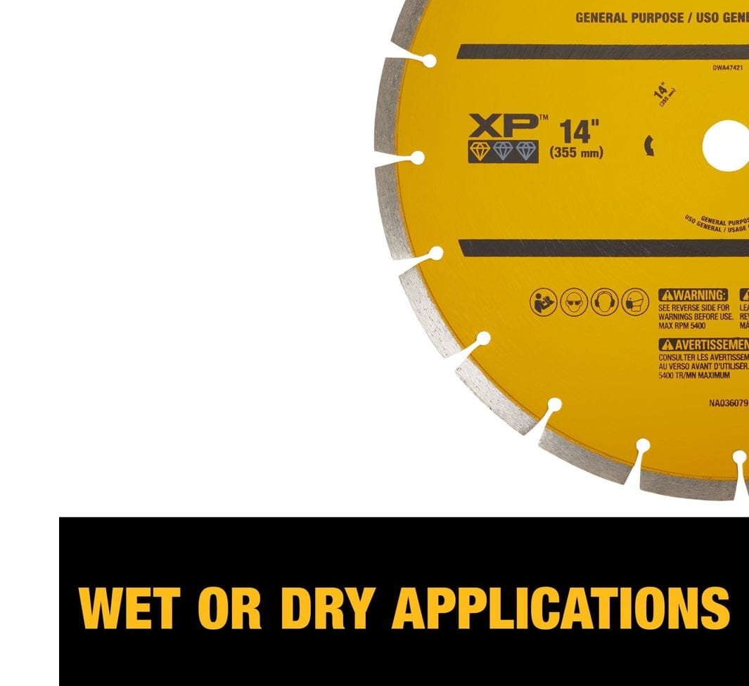 Close-up of DeWALT XP 14-inch segmented diamond blade labeled for general purpose wet or dry cutting applications.