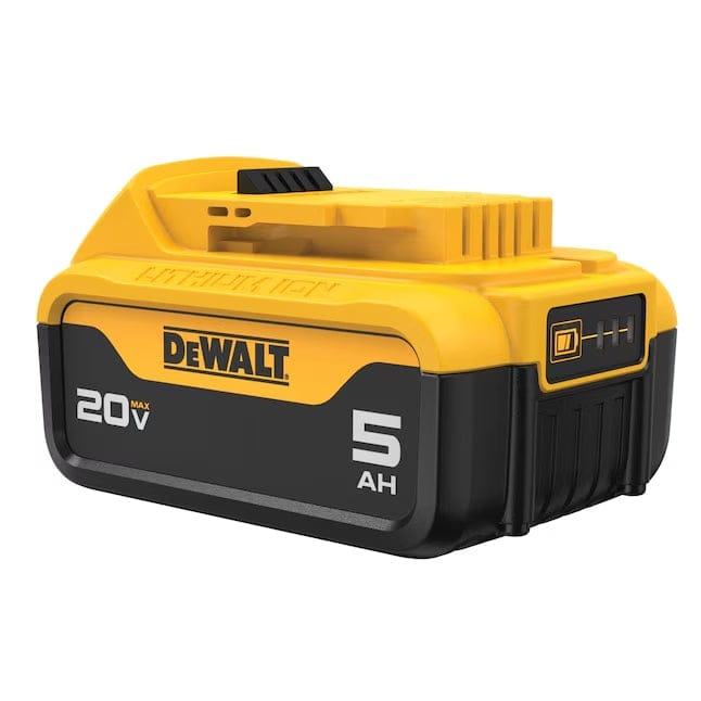 Close-up of a DeWALT 20V MAX 5Ah lithium-ion battery pack with yellow connector and LED charge indicator. The black and yellow casing displays the DeWALT logo and battery specifications, designed for use with compatible cordless tools