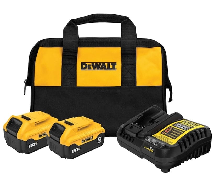 Complete DeWALT battery kit including two 20V MAX lithium-ion batteries, a fast charger, and branded soft storage bag. The components are arranged to showcase compatibility and convenience for cordless tool users.