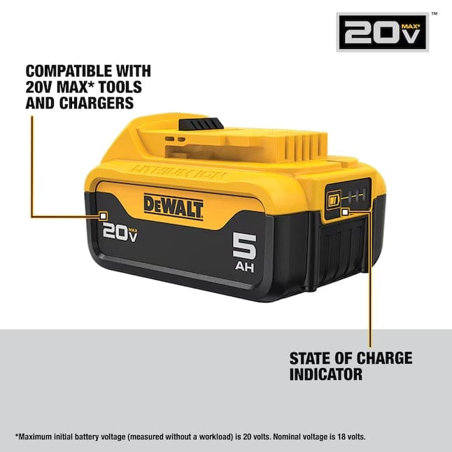 DeWALT 20V MAX 5Ah lithium-ion battery pack with visible charge indicator and compatibility label. The image includes a footnote clarifying voltage ratings, relevant for users selecting power tool accessories.
