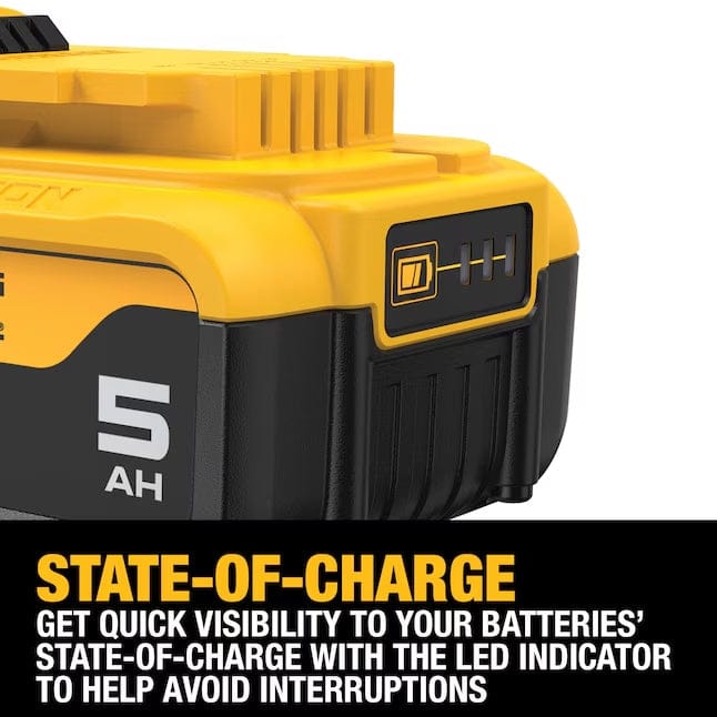 Close-up of DeWALT 20V MAX 5Ah battery showing LED charge indicator with three illuminated bars. The image highlights the battery’s state-of-charge feature for monitoring power levels during tool operation.