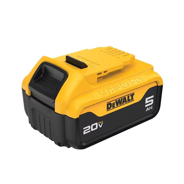 Angled view of a DeWALT 20V MAX 5Ah lithium-ion battery pack with embossed "LITHIUM ION" label. The yellow and black casing includes a connector for tool attachment and branding for easy identification