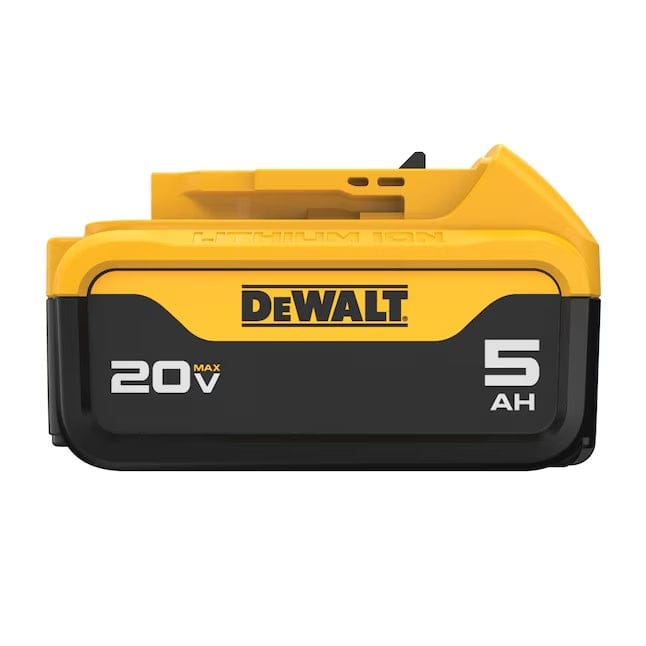 Side view of a DeWALT 20V MAX 5Ah lithium-ion battery pack showing bold white text and brand logo. The compact design supports high-capacity power delivery for cordless tool applications.