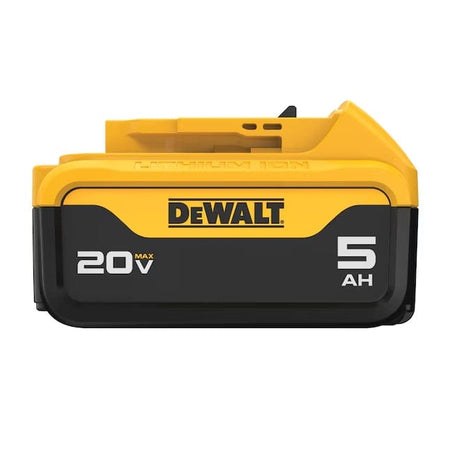 Side view of a DeWALT 20V MAX 5Ah lithium-ion battery pack showing bold white text and brand logo. The compact design supports high-capacity power delivery for cordless tool applications.