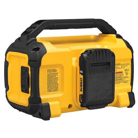 DeWalt jobsite radio with a large top handle, rubber bumpers, and side control panel. The model number DCR018 is visible, indicating a rugged design for construction or workshop use.